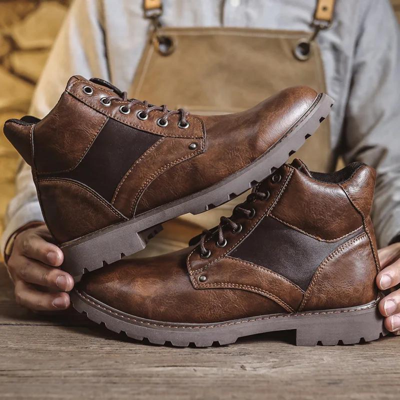 Autumn Shoes for Men Leather Boots Outdoor British Style Retro High Tops Leather Casual Shoes Winter Warm Plush Snow Boots