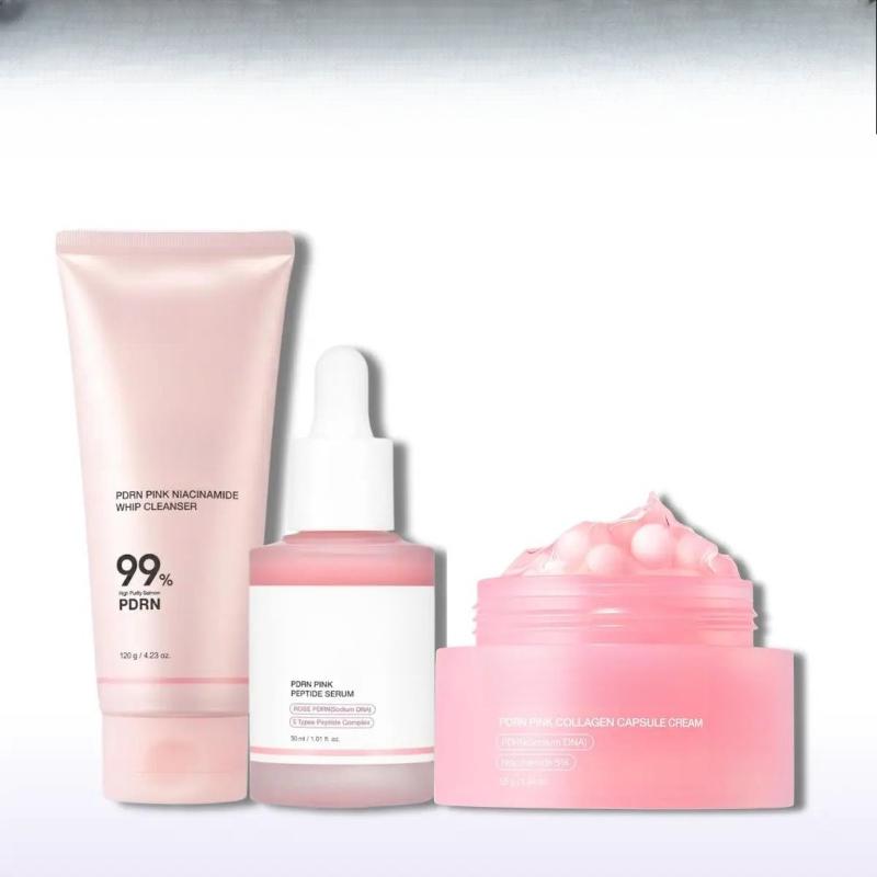 PDRN Pink Routine Trio Hautpflege-Set, Reinigungsmittel Peptid-Serum & Kapsel-Creme Koreanische Hautpflege 3pc white
