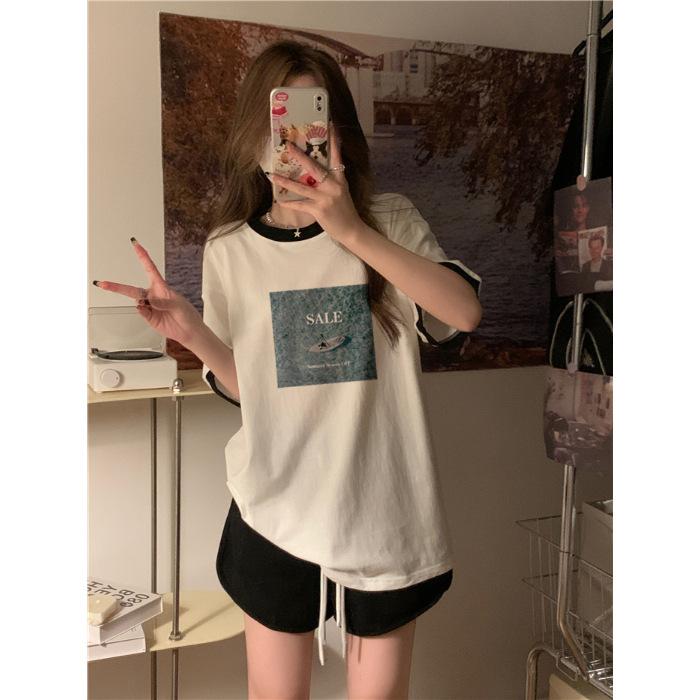 

Cotton short-sleeved t-shirt women s 2025 summer new Hong Kong style chic niche design foreign style age-reducing top 2XL синій