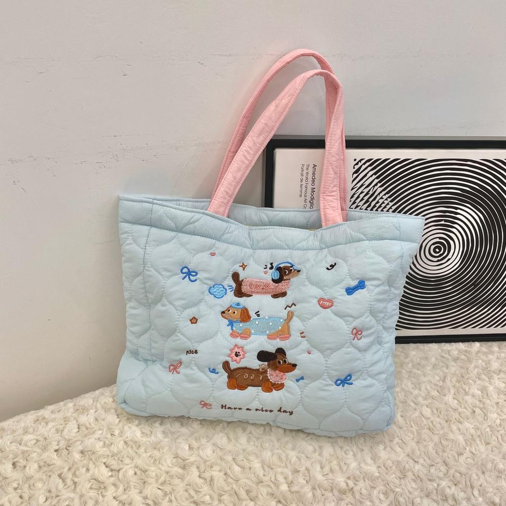 Cute kitten embroidered handbag Korean ins quilted tote bag women's shopping bag mommy bag