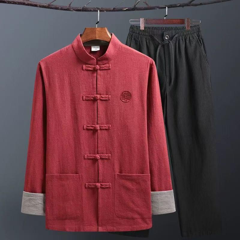 Men's Retro Chinese Tang Suit: Spring/Autumn Cotton Linen 3-Piece Set with Long Sleeve Frog Button Hanfu Coat