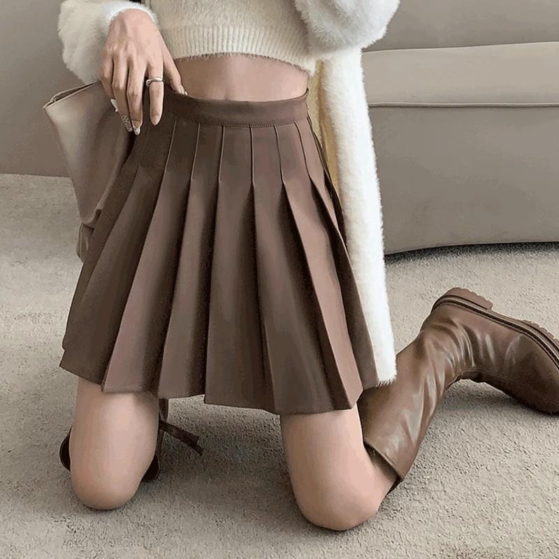 Übergröße Kaffeefarbener Faltenrock Damen Herbst Winter Hochtailliert Schlankmachend Falten Academic-Stil A-Linie Minirock