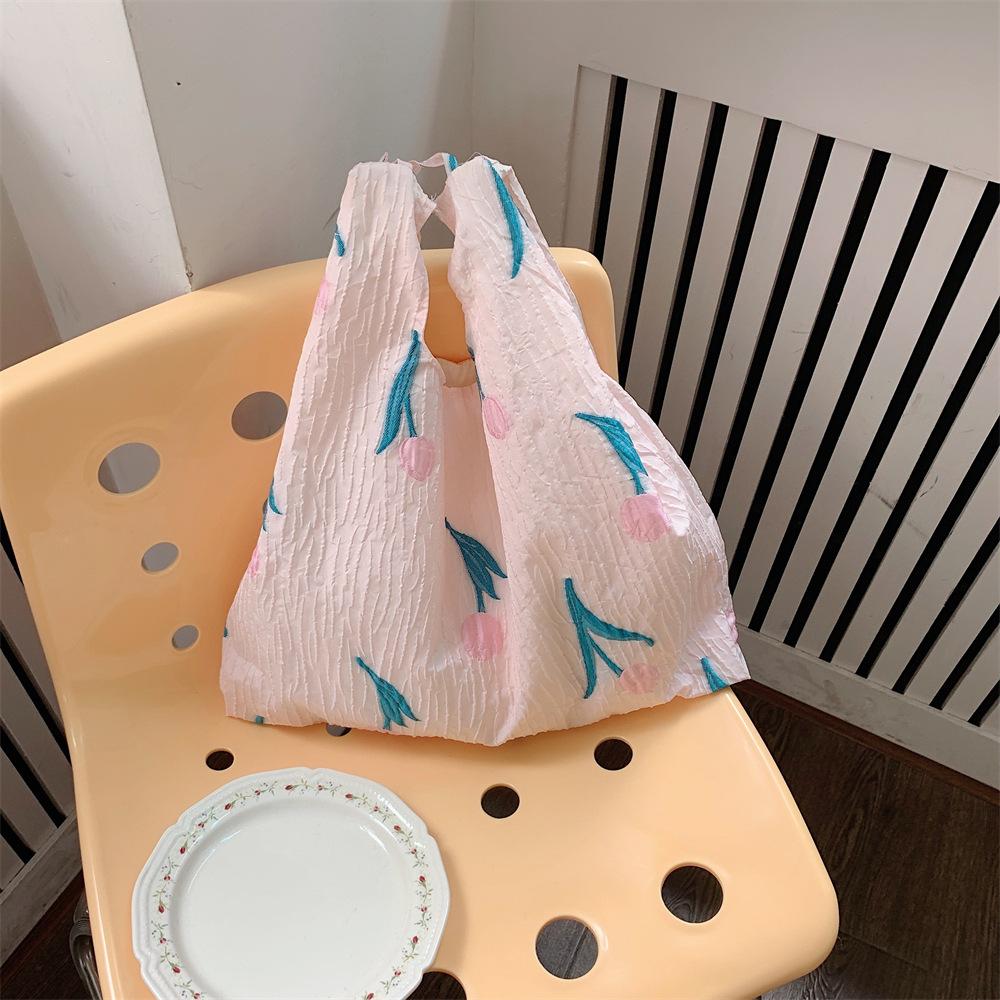

2 Pink Tulip Combination Large Capacity Portable Bento Bag Women s Tote Shoulder Shopping Bag