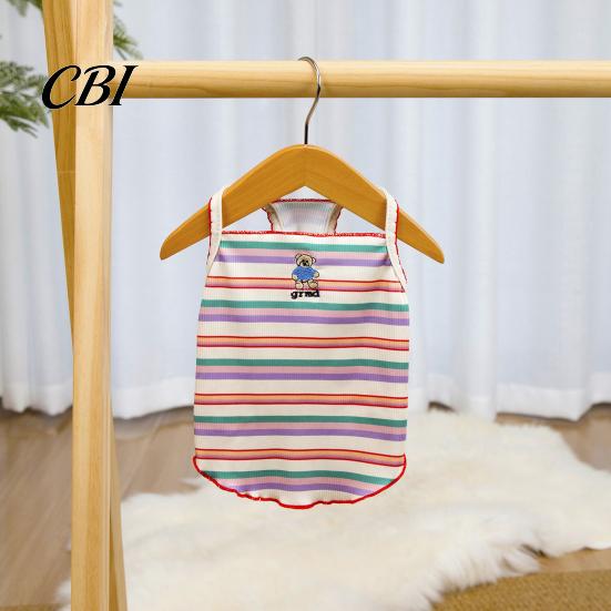 Soft Fabric Dog Tee Colorful Striped Pet T-Shirt, Sleeveless Thin Straps Breathable Apparel Tank Top with Cute Bear Embroidery for Small Dogs