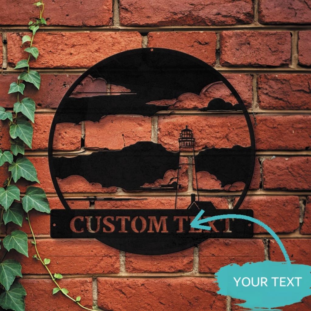 Custom Coastal Lighthouse Metal Wall Art Black White Design Personalized Text Nautical Beach House Decor