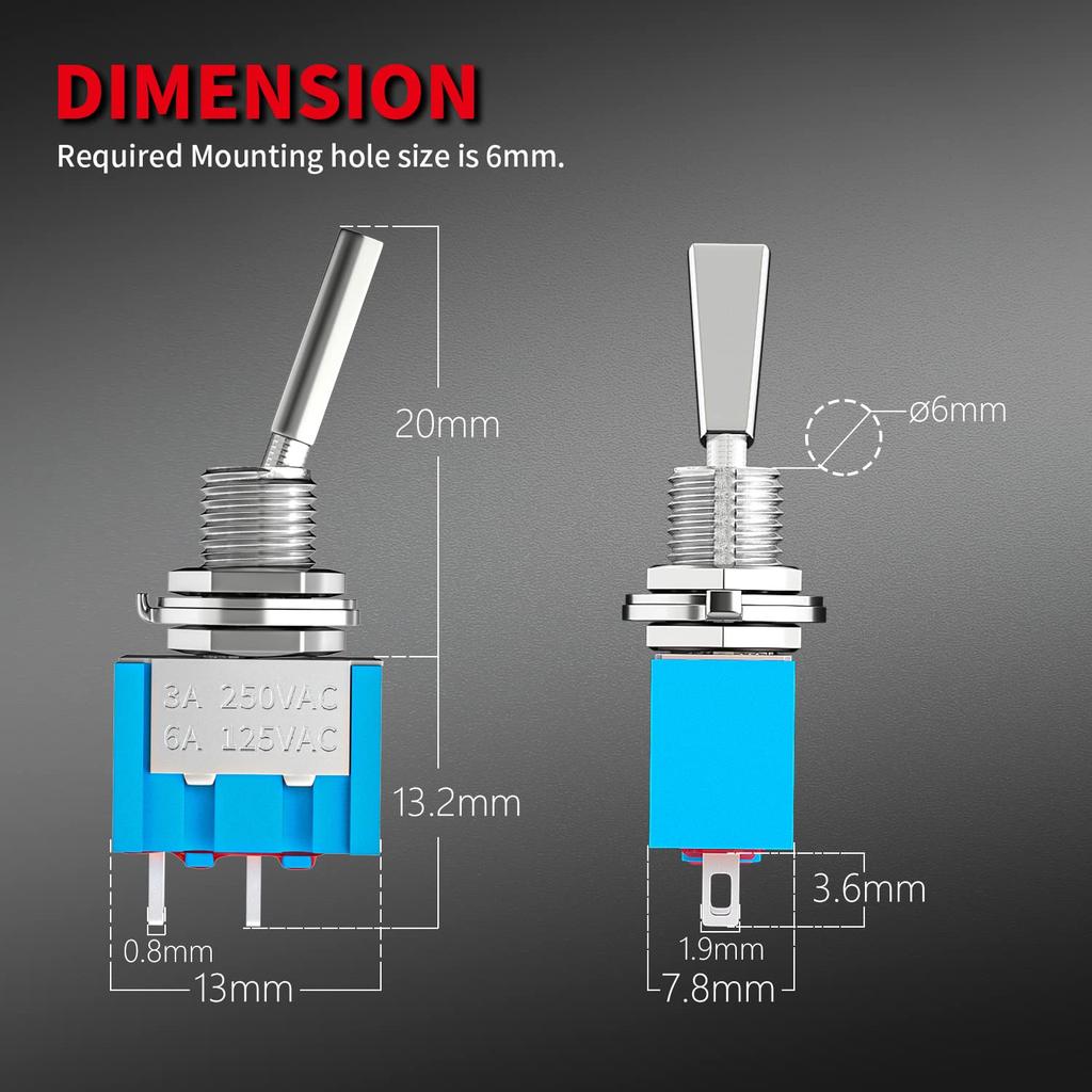 DaierTek Mini Toggle Switch SPST Miniature Small Flat Toggle Switch ON/Off 2 Position 2 Pin 6A 125VAC 3A 250VAC for Car Truck Household Appliance