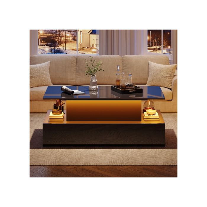 Konferenční stolek - MUVOE - Moderní - Lesklá černá - LED osvětlení - 4 zásuvky