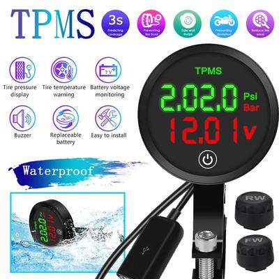 Wireless TPMS Tire Pressure Monitoring System for Motorcycles - Easy Installation, Waterproof, Rechargeable, with Voltage Display