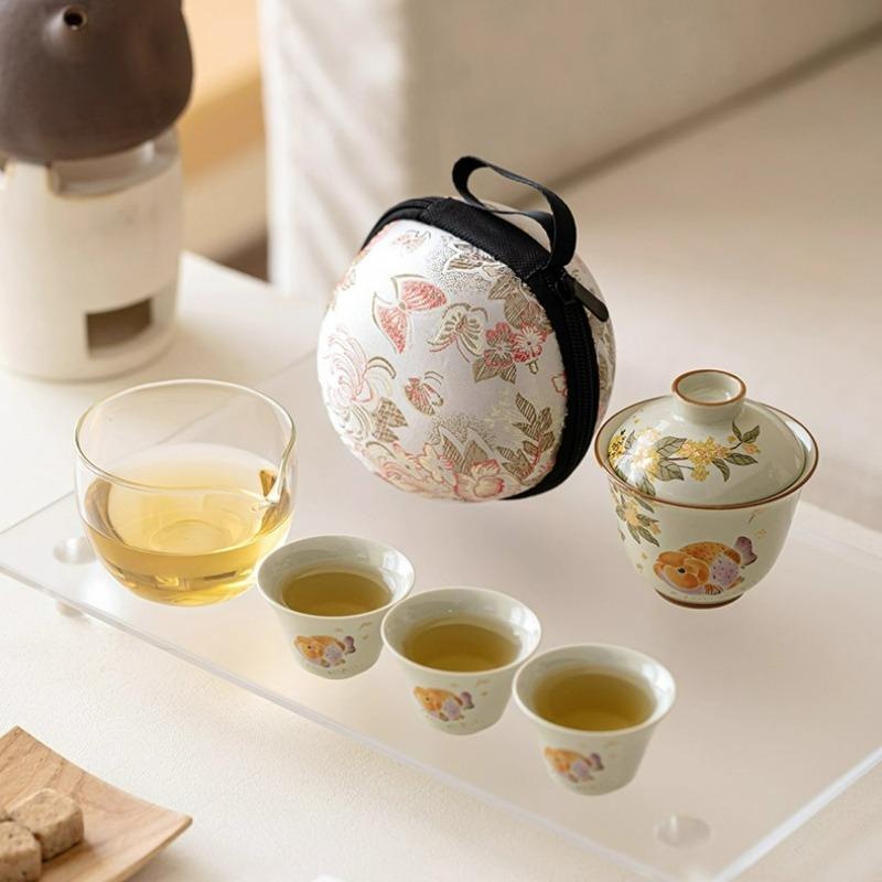 Grass and Ash Travel Tea Set Ceramic Outdoor Portable Quick Customer Cup Golden Guifu Carp Portable Tea Bowl