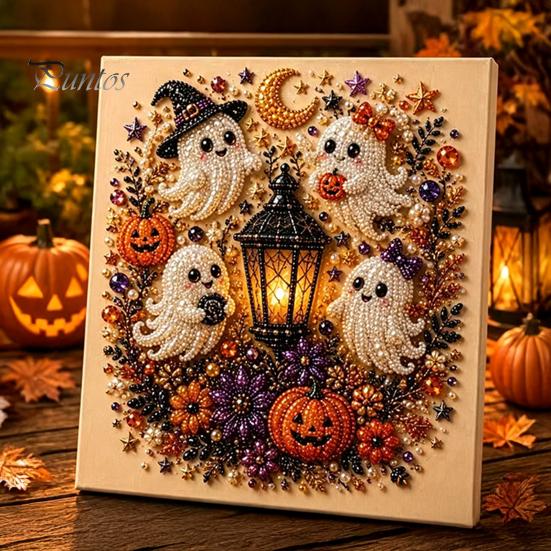 Festliche Kunst mit Kunstperlen für die Heimdekoration 2 Stück Halloween-Kunst, Geist Kürbis Hexe Krähe Malerei DIY Entspannendes Bastelset, 3D Schädel Basteln