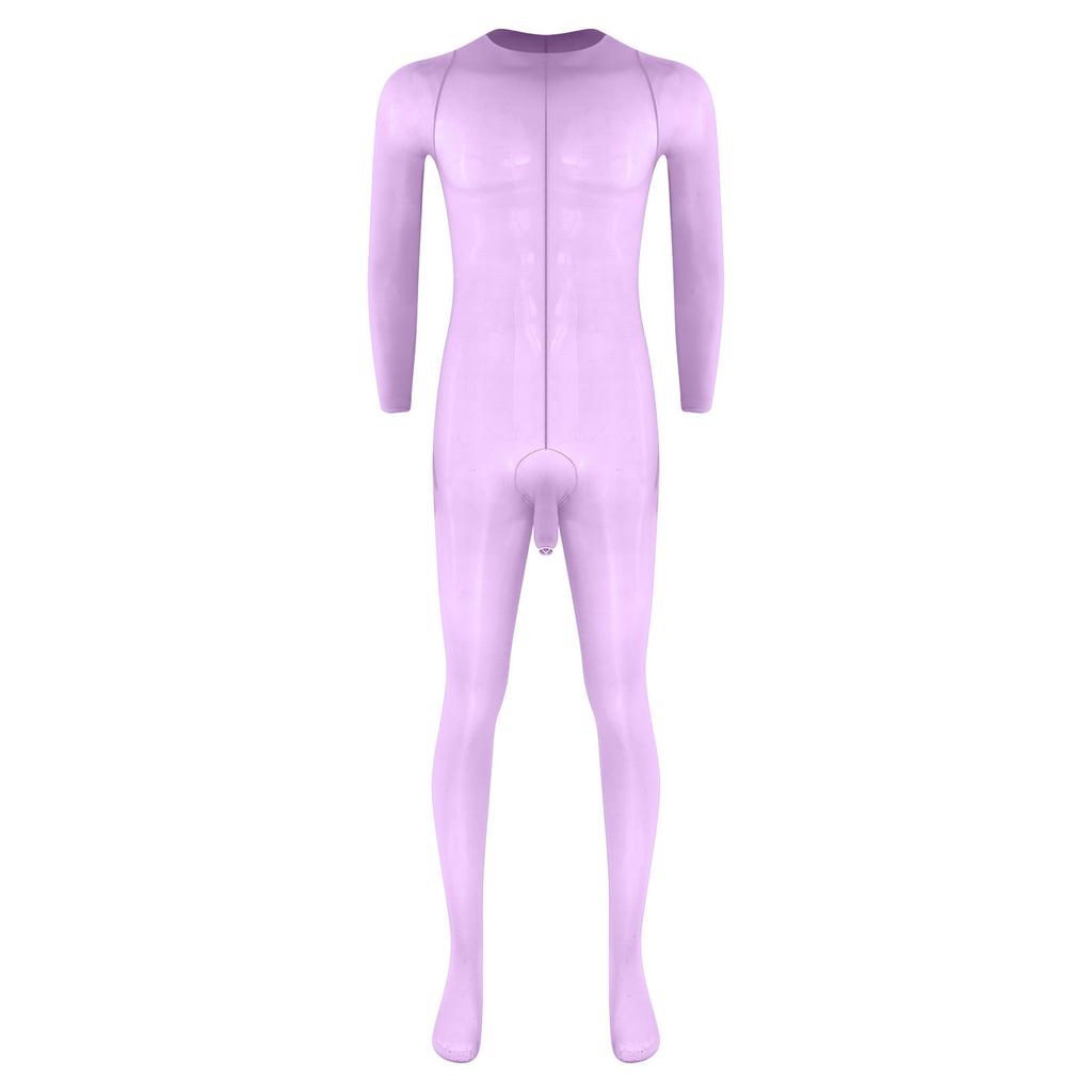 Herren Glänzender Fußbodysuit Jumpsuit Rundhalsausschnitt Langarm Scheide Öffnung Sehr Dehnbar Glänzend Nachtwäsche