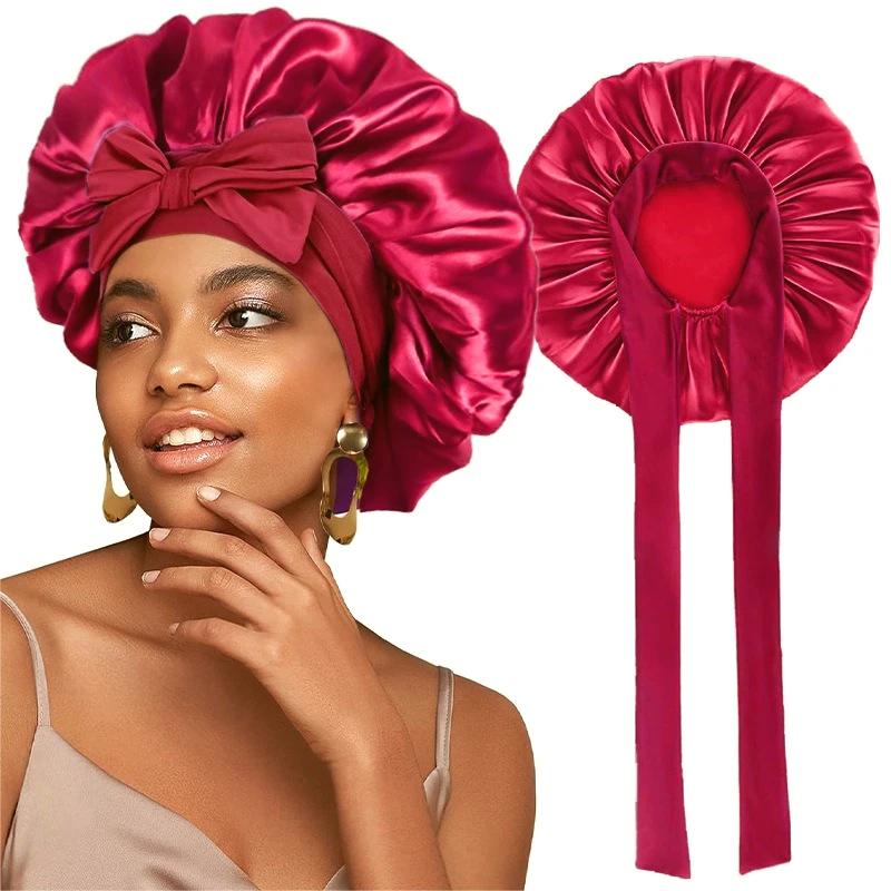 New Satin Solid Sleeping Hat With Stretchy Tie Band Elastic For Women Night Shower Cap Adjustable Hair Head Cover Bonnet Turban