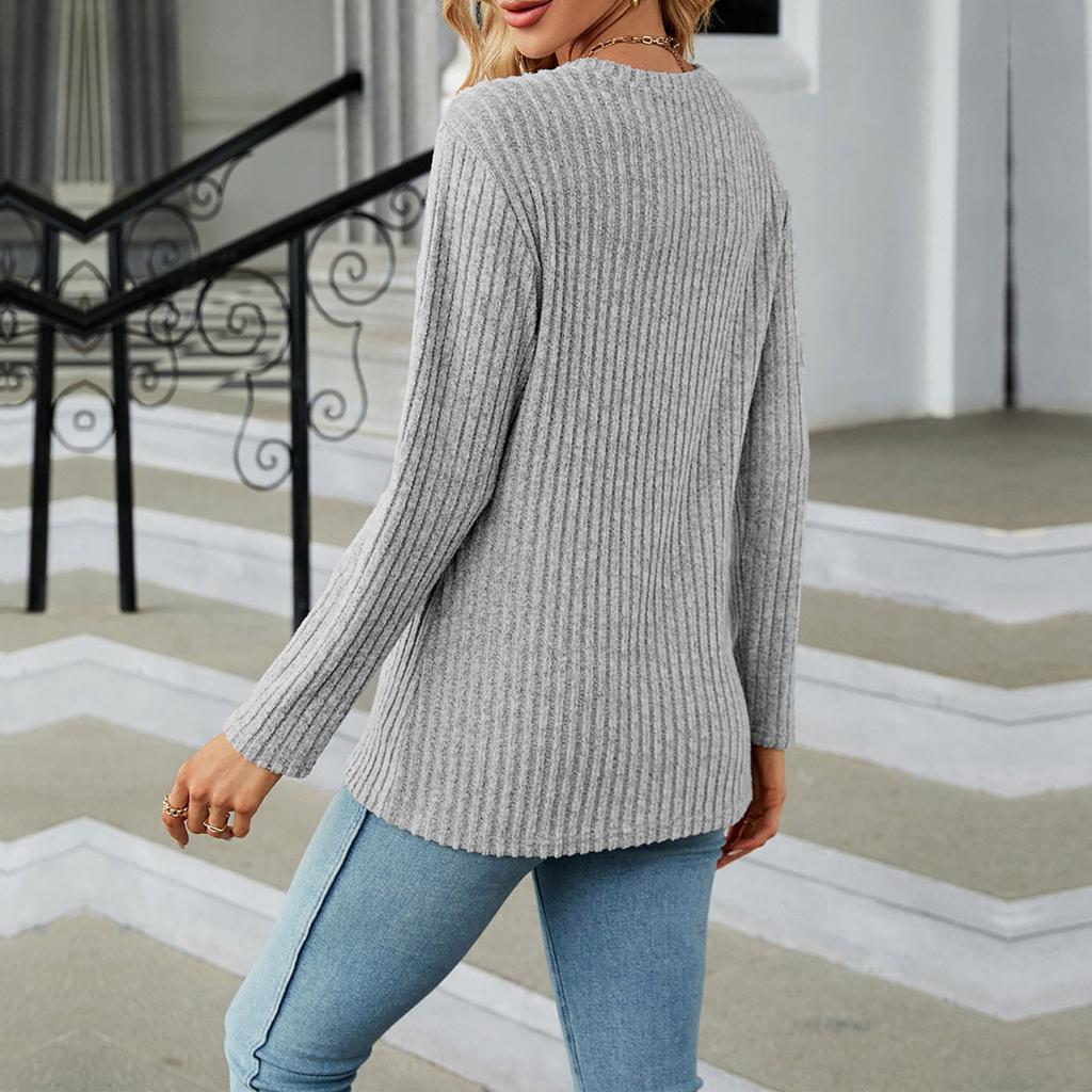 Women's Fashion Sexy Round Neck Long Sleeve With Button Hem Split Top