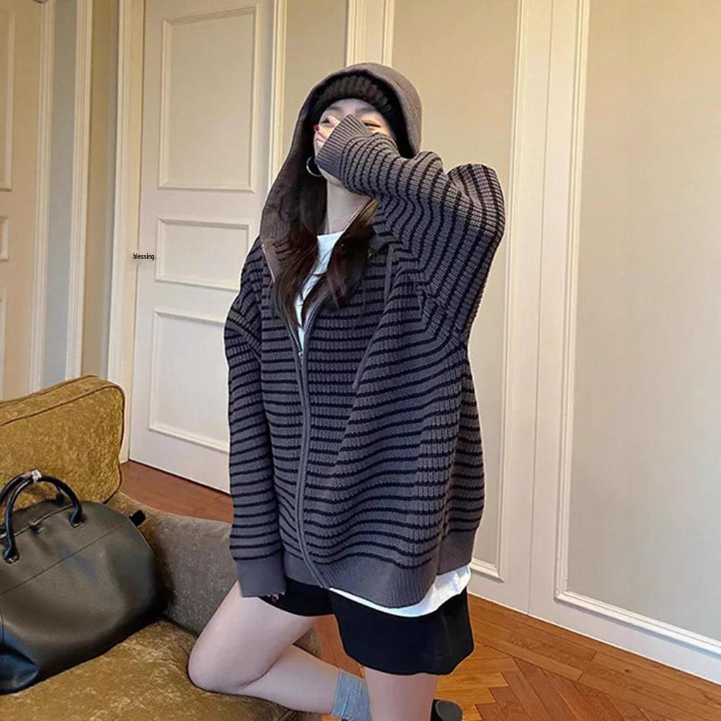 Unisex Retro Hooded Striped Color Block Knit Cardigan for Autumn/Winter Women's Top