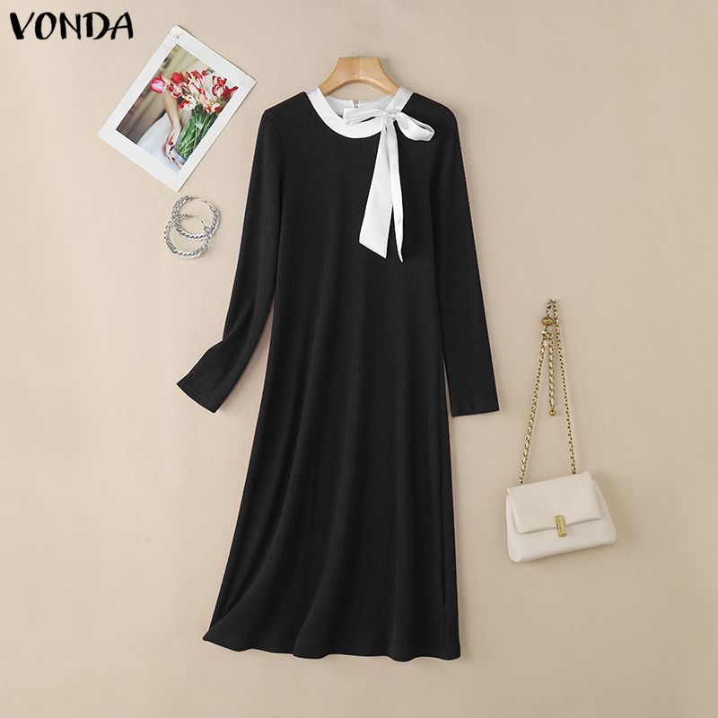 VONDA Autumn Women Long Sleeve Stitching Texture Rib Knitted Casual Bodycon Long Dress S