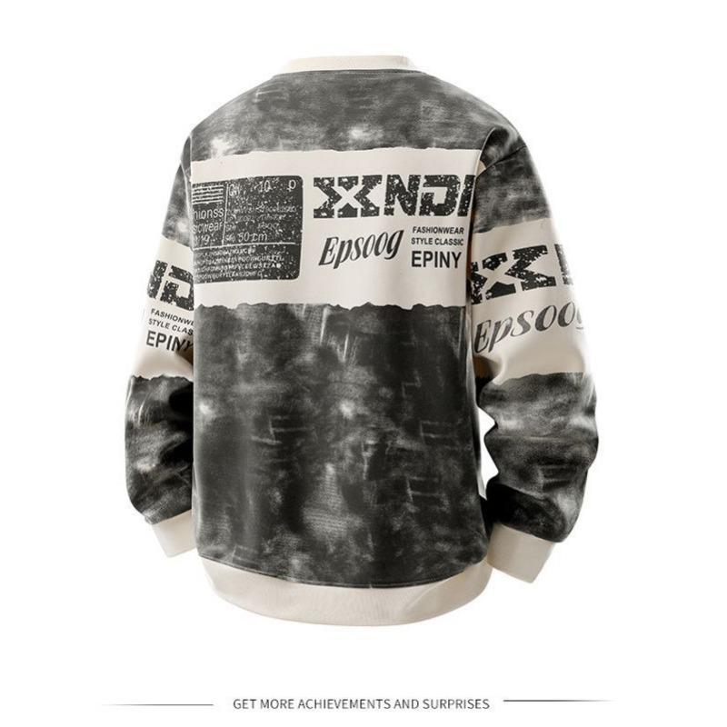 Trendy Large Size Loose Printed Sweatshirt Men Long Sleeves Ribbed New Round Neck Youth Tops Trend