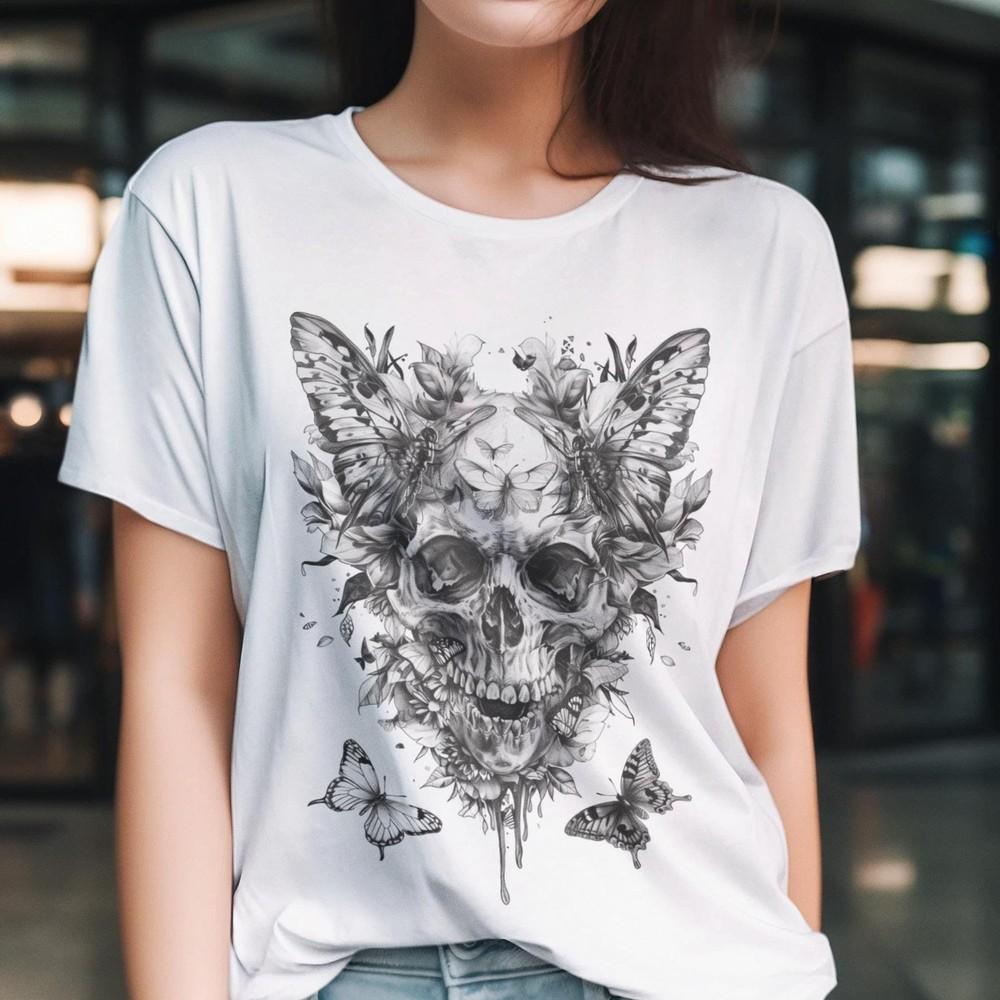26Floral Skull and Butterfly T-Shirt – Monochrome Design Blending Intricate Unisex T-Shirt M