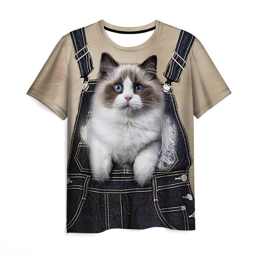Letní tričko s kulatým výstřihem, 3D potiskem kočky se vzhledem falešných šlí, módní, ležérní, s krátkým rukávem, dětské, pro chlapce a dívky