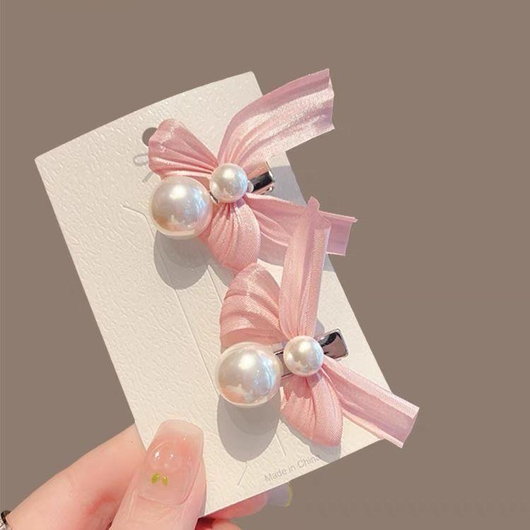 Mesh Bow Pearl Hair Clip Female Korean Holiday Fashion Duckbill Clip Hair Accessories