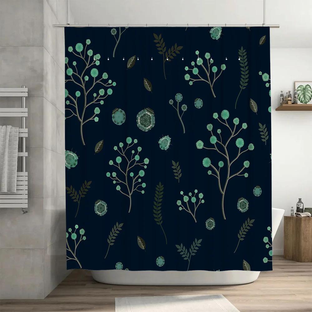 

Luxury Blue Bath Shower Curtain Decorative Forest Pattern With Leaves Berries Waterproof Fabric For Bathroom Decoration W60H190(CM)-1 Pcs