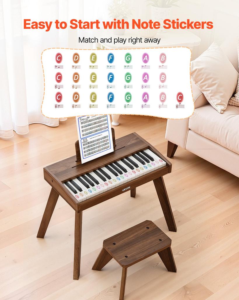 VEVOR Kids Piano Keyboard, 37 Key Wooden Digital Piano for Kids, Mini Music Educational Instrument Toy Set with Realistic Sound, Dual Power