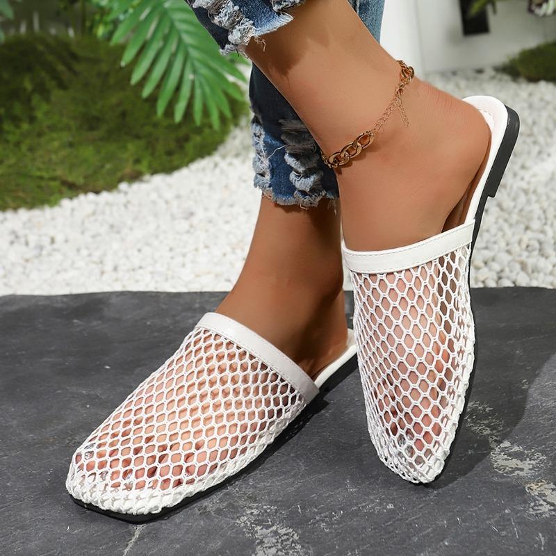 Fashion 2025 Summer Closed Toe Women's Slippers Fashion Mesh Hollow Out New Concise Plus Size Best Seller Comfortable Flat Slippers
