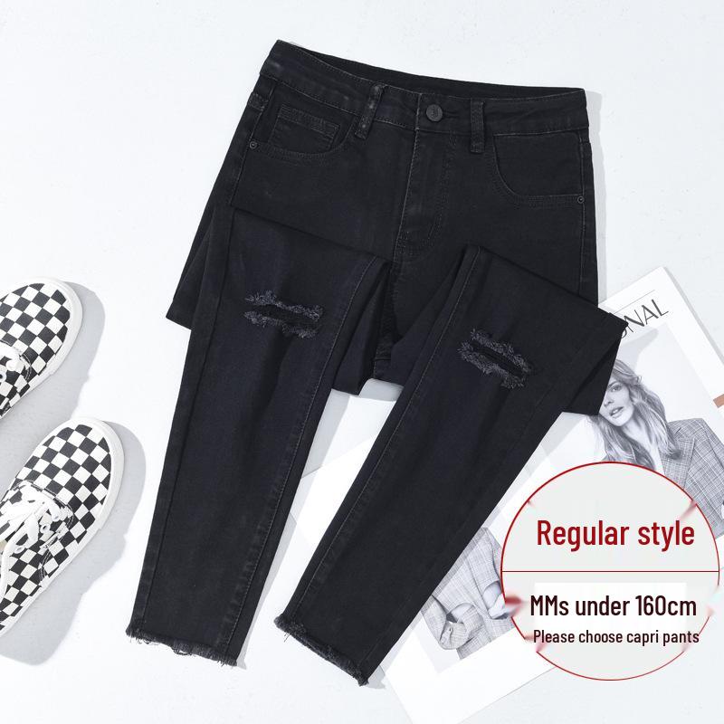 Women s Black High-Waisted Ripped Skinny Jeans - Spring/Autumn Cropped Pencil Pants 28
