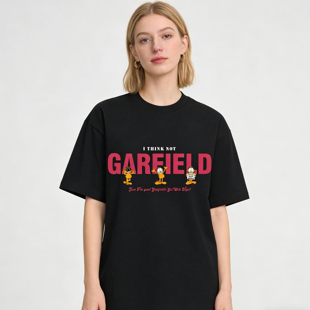 Garfield "I THINK NOT" Funny Expression Print Short Sleeve T-Shirt, American Streetwear Brand Heavyweight Cotton Loose Fit Oversized Couple Top