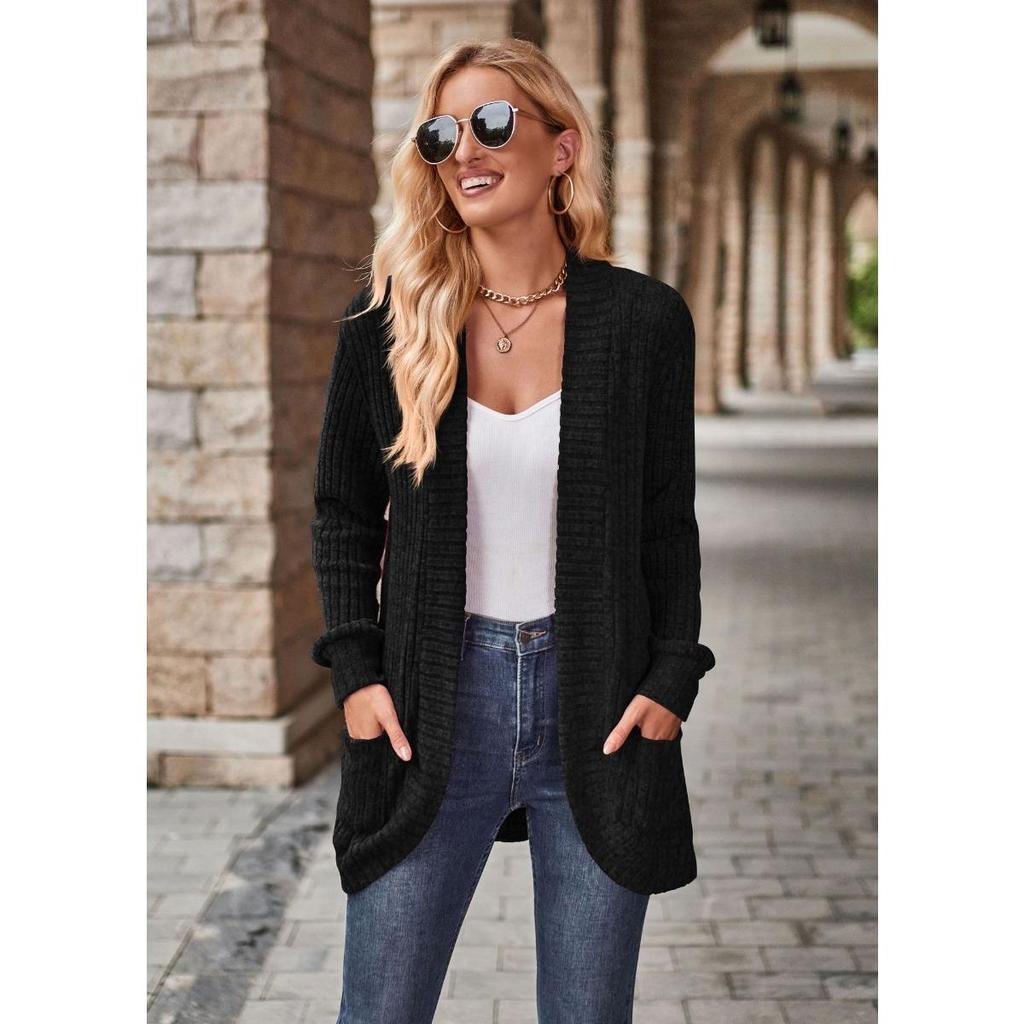 2026 Autumn New Women's Solid Color Ribbed Fleece Casual Patchwork Long Sleeve Cardigan Coat