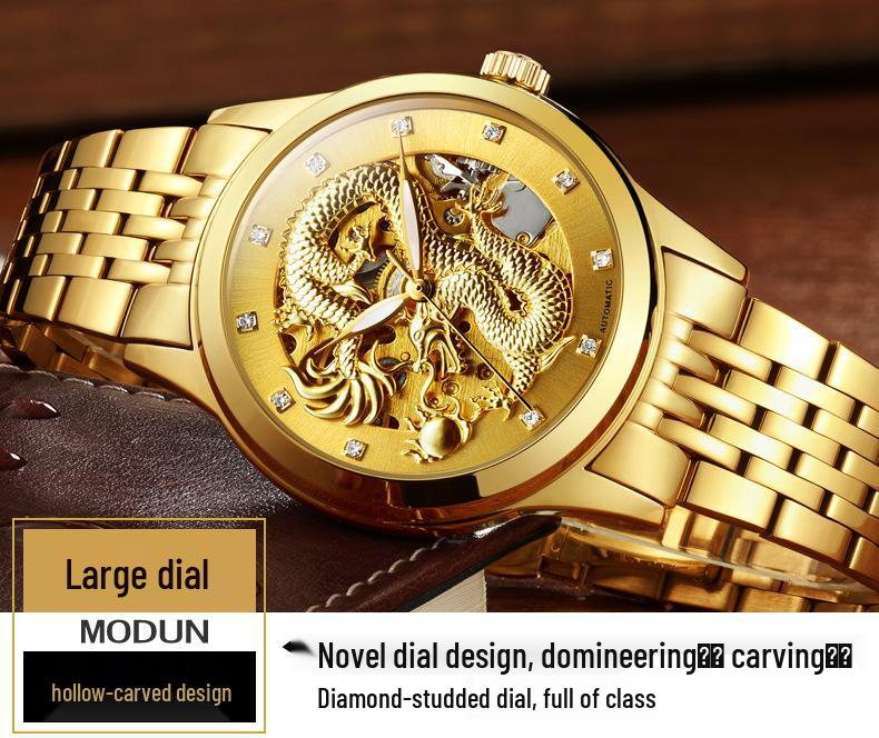 Modun Men's Gold Dragon Pattern Automatic Skeleton Watch with Genuine Leather Strap and Waterproof Multifunctionality