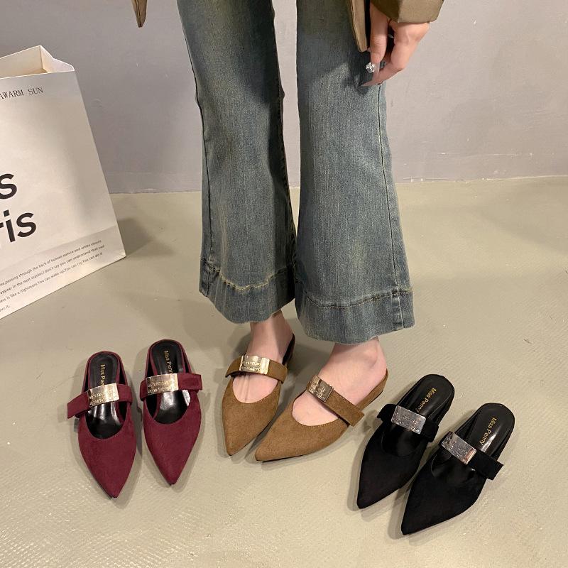 French pointed toe bag head half slippers women's 2025 autumn new wear thick heel versatile slippers temperament fashion shoes