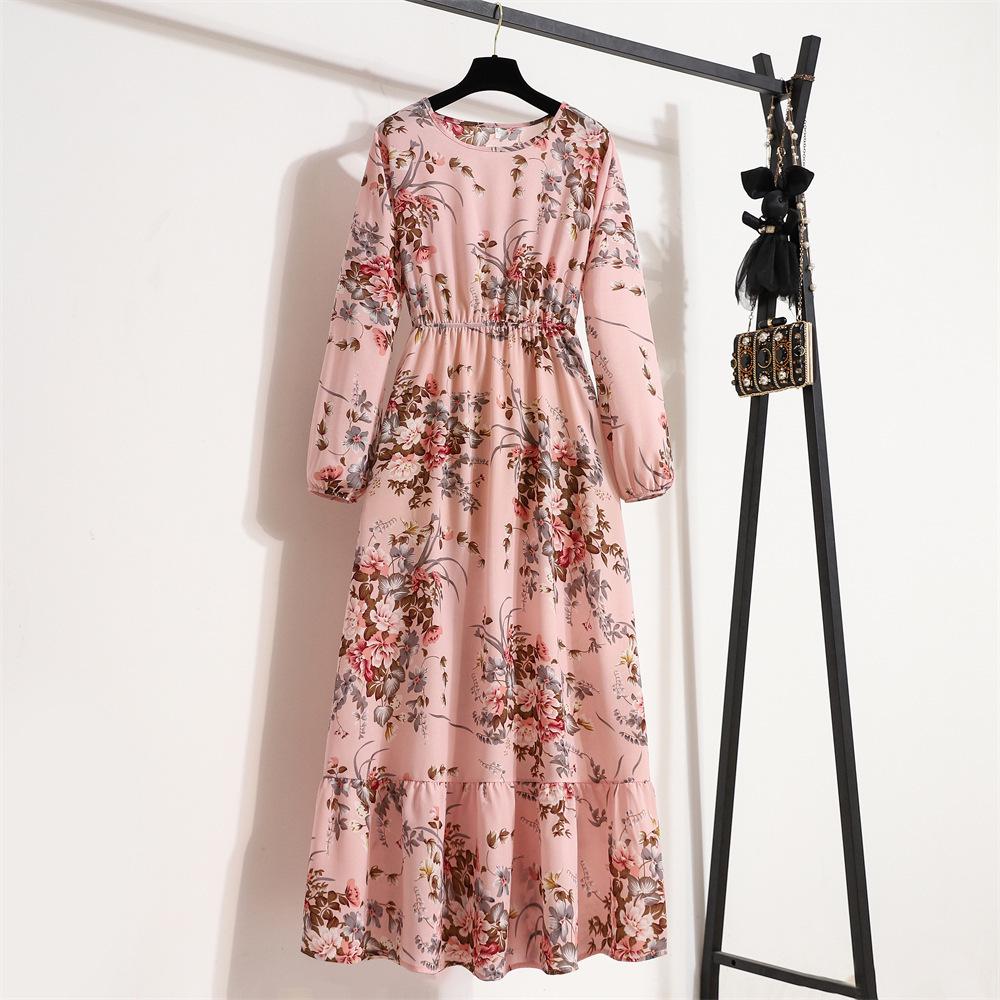 Women's Spring Floral Chiffon Long Sleeve Dress - Slim Waist, Long Skirt