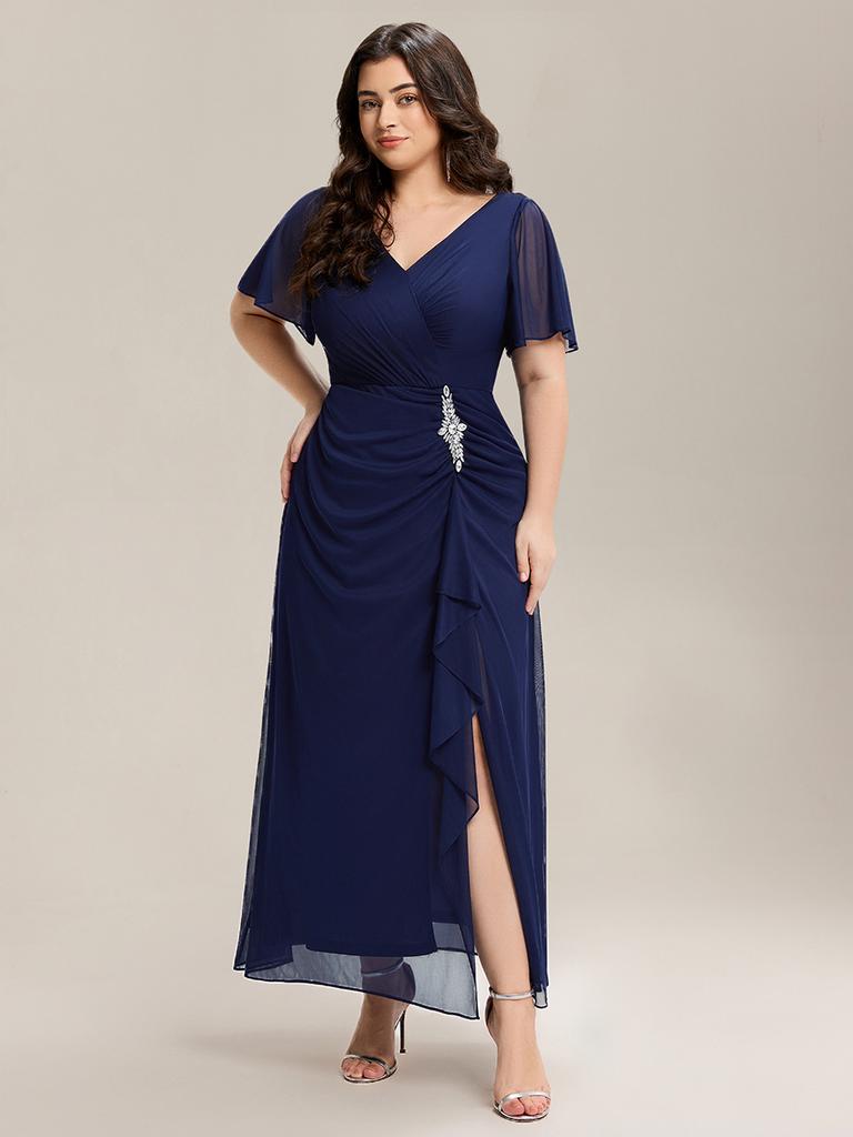 Ever-Pretty Women's Plus Size Formal Dress Short Sleeve Ruffled Deep-V Neck Chiffon Slit Mother of the Bride Dress with Rhinestone-Embellished
