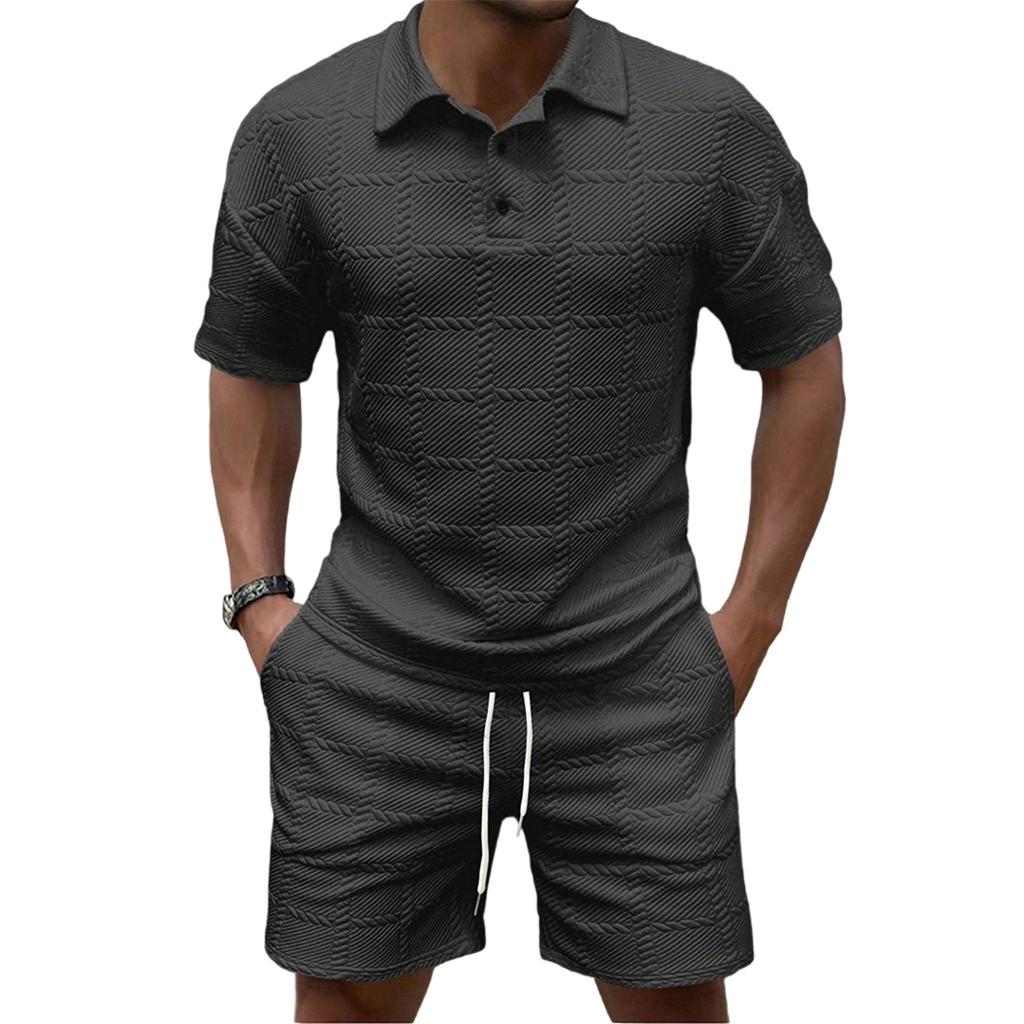 Men'S Solid Color Casual Collar Short Sleeved Shorts Two-Piece Set