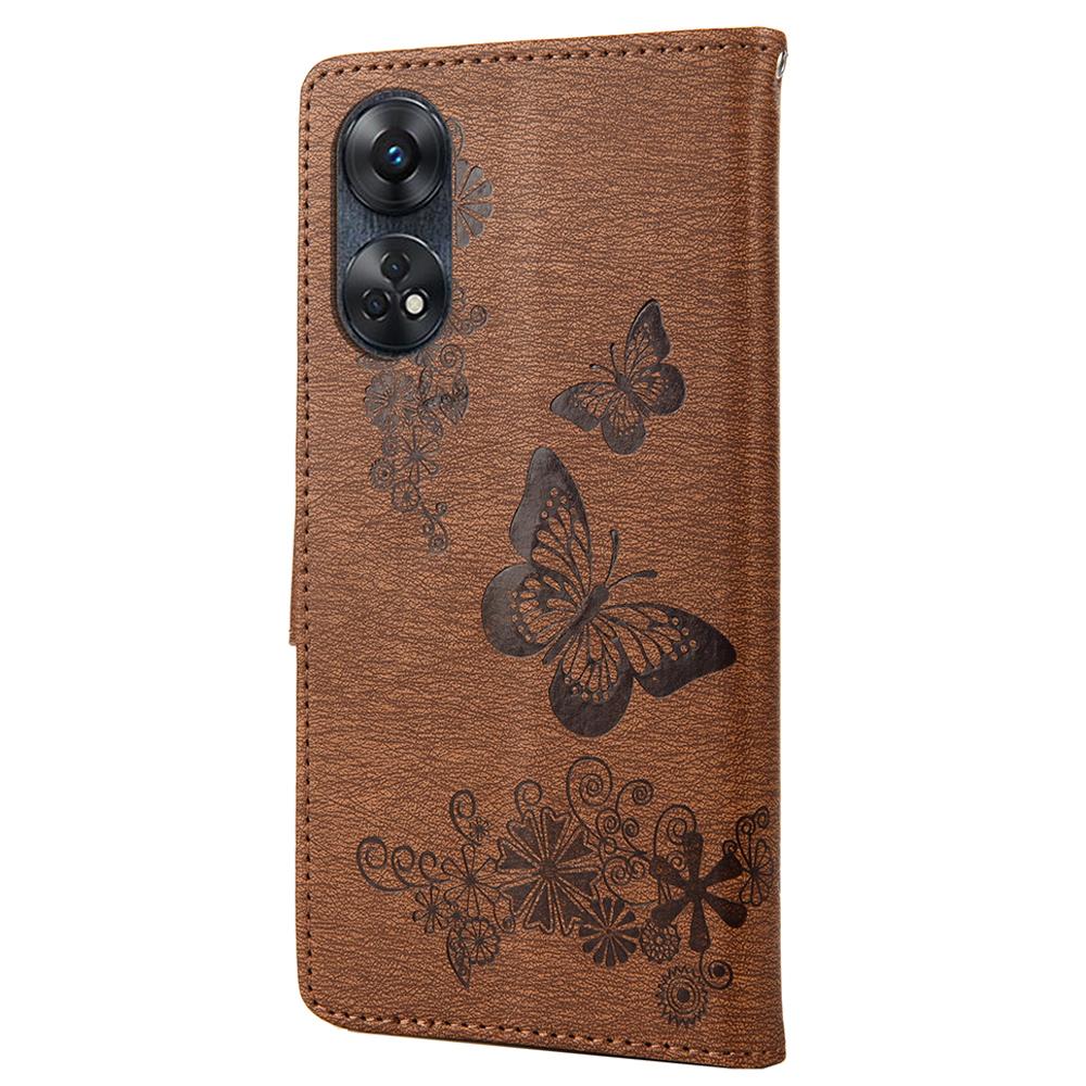 For Oppo Reno8 T 4G Lærstativ Telefondeksel Sommerfugler Blomsterpreging Telefon Lommeboketui