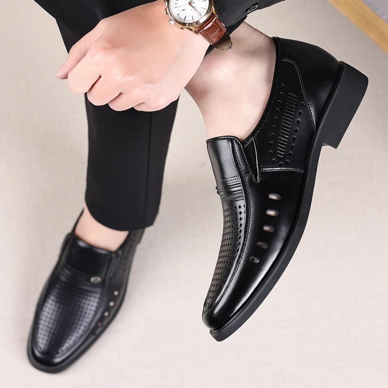 Leather Shoes Men slip on hole summer Luxury Business Men Dress Office Shoes High Quality Elegant Men Party Wedding Footwear