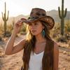 Beads Western Cowboy Hat Wide Brim Cowgirl Visor Cap Classic Sun Hat  Travel