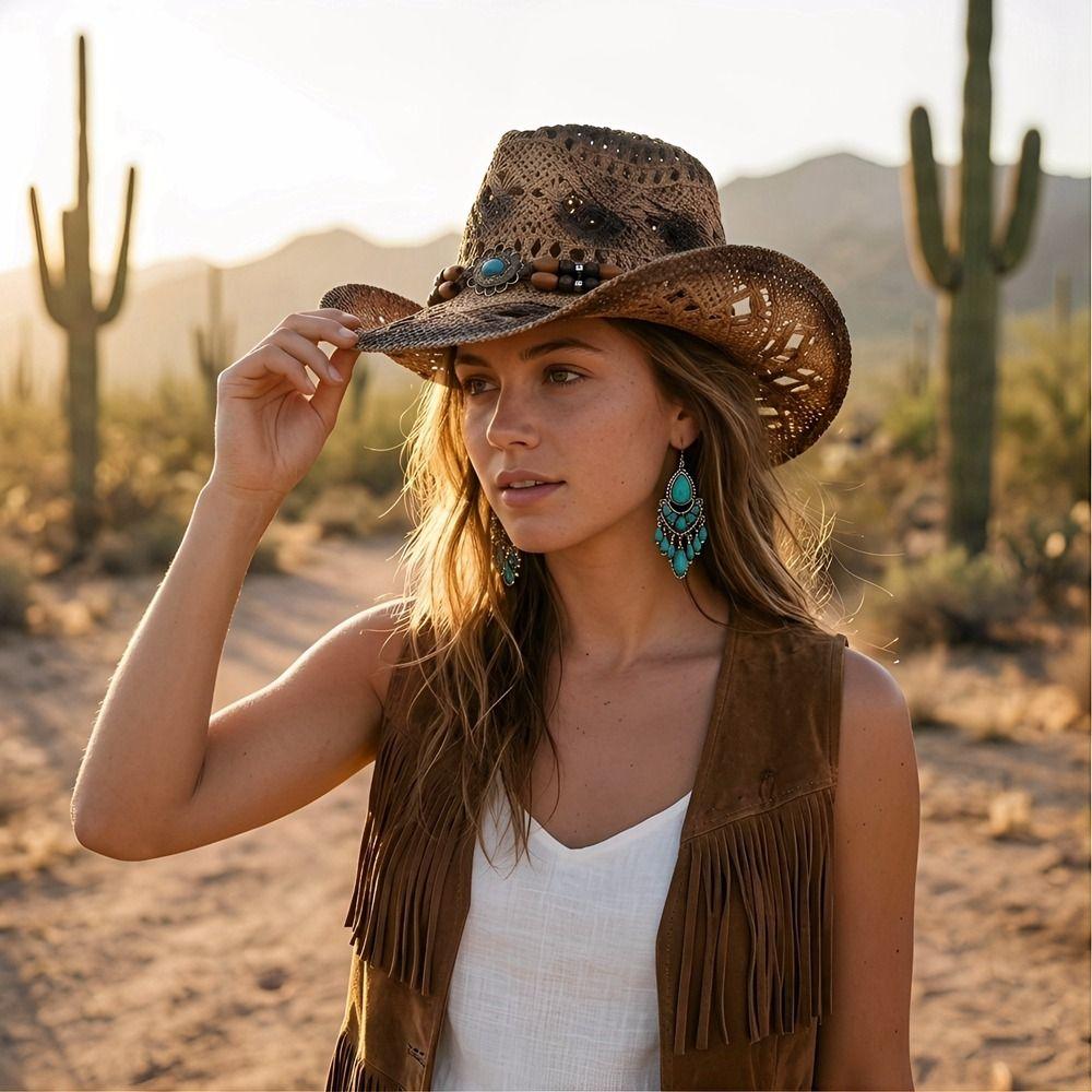 Beads Western Cowboy Hat Wide Brim Cowgirl Visor Cap Classic Sun Hat Travel