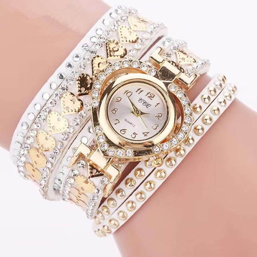 Modische Strassstein-Herz-Zifferblatt Damen Armbanduhr Lange Samtband Armbanduhr