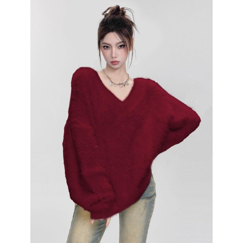 Nai Fufu 2025 Women's Autumn/Winter V-Neck Mohair Sweater - Soft, Fluffy Knit Pullover