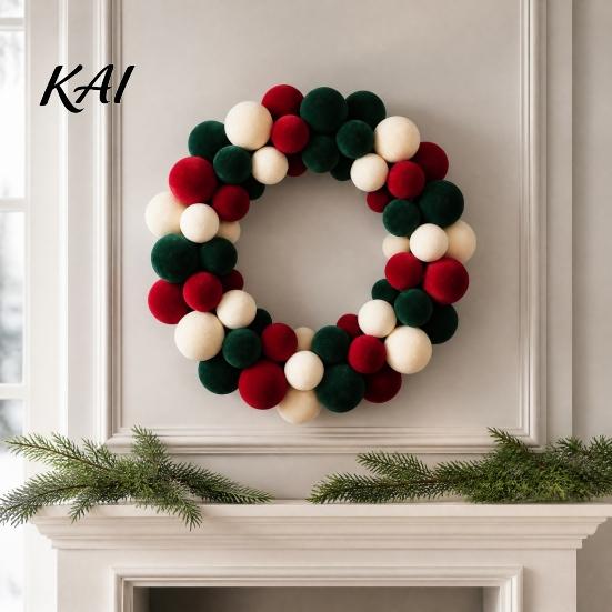 Elegant Christmas Atmosphere Prop Pom Wreath for Front Door, Red Green White Velvet Flocking Hanging Holiday Party, Porch, Wall, Home Decor Soft Touch