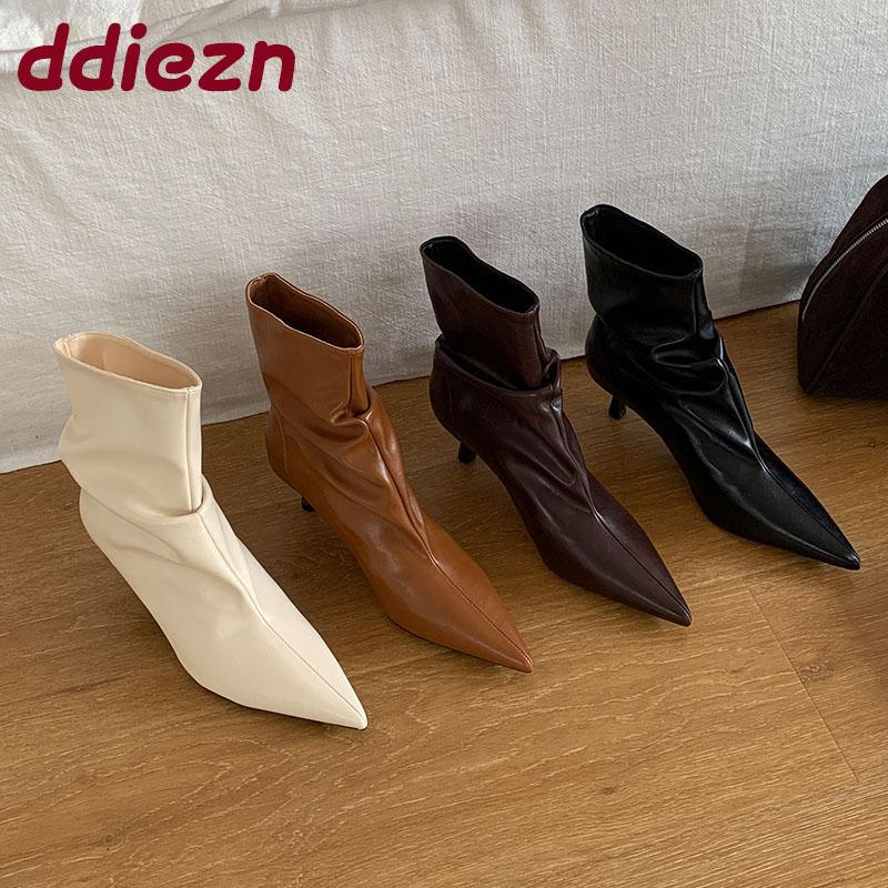 Fashion Heels Footwear Pointed Toe Ladies Ankle Modern Boots Shoes Fashion Pleated Women Short Boots Female Slip On Shoes Pumps