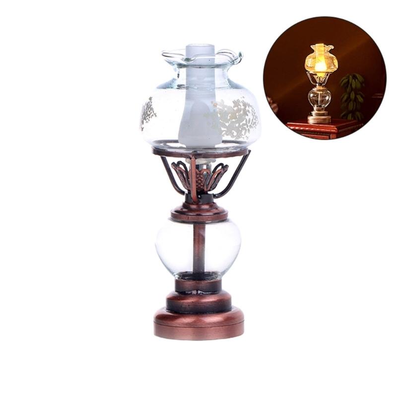 Kerosene Bedroom Table Lamp Miniature Furniture Model Doll Houses Accessory Realistic Lighting Toy Playset 1:12