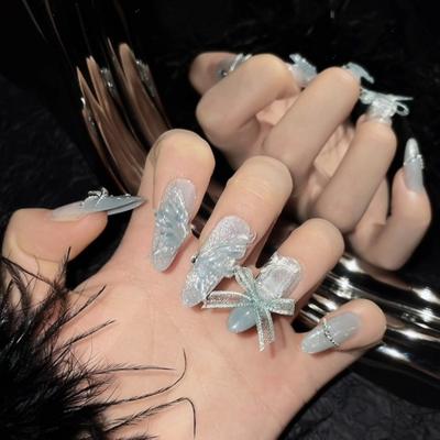 10pcs/set Jade Butterfly Nail Art Smoothie Cat's Eye Super Flash Nail Art Purely Handmade Wearing Nail Art Girl False Nail Finished