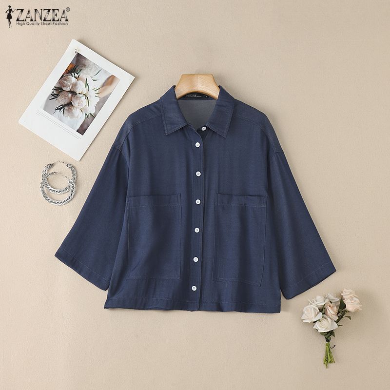 ZANZEA Women Casual Turn Down Collar 3/4 Sleeve Loose Blouse