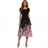 Summer Women Elegant Floral Print U Neck Short Sleeve Evening Pary Long Dress