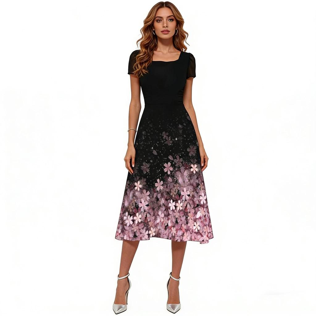 Summer Women Elegant Floral Print U Neck Short Sleeve Evening Pary Long Dress
