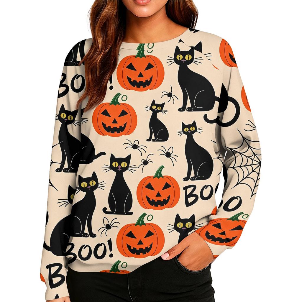Women's Casual Halloween Print Raglan Long Sleeve Neck Sweatshirt Top
