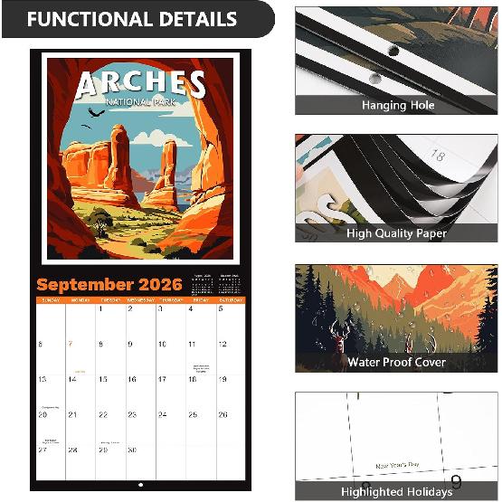 2026 Calendar - National Parks 2026 Wall Calendar, 12 Monthly Square Calendar from Jan.2026 - Dec.2026, 12" x 24" (Open), Calendars with Thick Paper