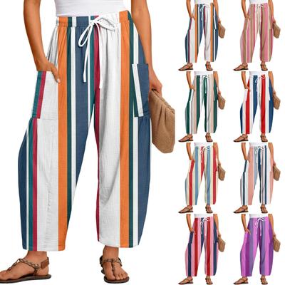 Women's Casual Loose Fit High Waist Plus Size Pants with Pockets, Cotton Linen Wide Leg Trousers for Summer Daily Wear Vacation Trendy